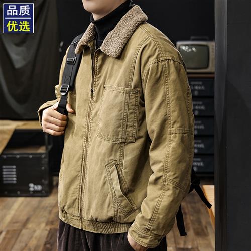美式复古羊羔绒外套男2025冬季新款保暖棉服哈林顿工装牛仔夹克潮