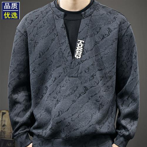 重磅400g美式潮牌假两件V领长袖卫衣男秋季新款宽松大码休闲外套