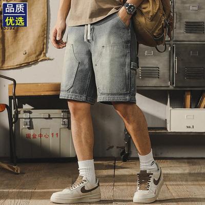 美式牛仔短裤男款夏季ins宽松复古伐木双膝工装五分裤男潮