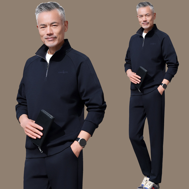 中年爸爸运动服套装男春秋季中老年人套头立领父亲休闲卫衣两件套