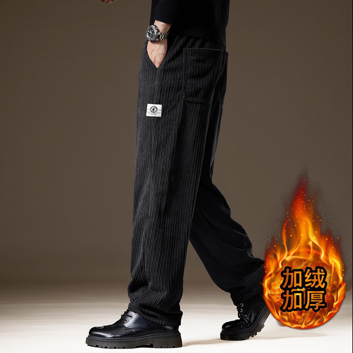 高端粗纹条绒灯芯绒裤子男秋冬加绒潮流宽松大码直筒阔腿休闲裤男