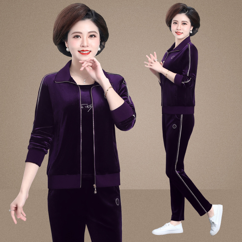 中老年妈妈款金丝绒春装三件套