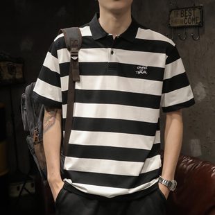 polo衫 2025夏季 黑白条纹短袖 男士 t恤 高品质纯棉宽松潮牌男装 半袖