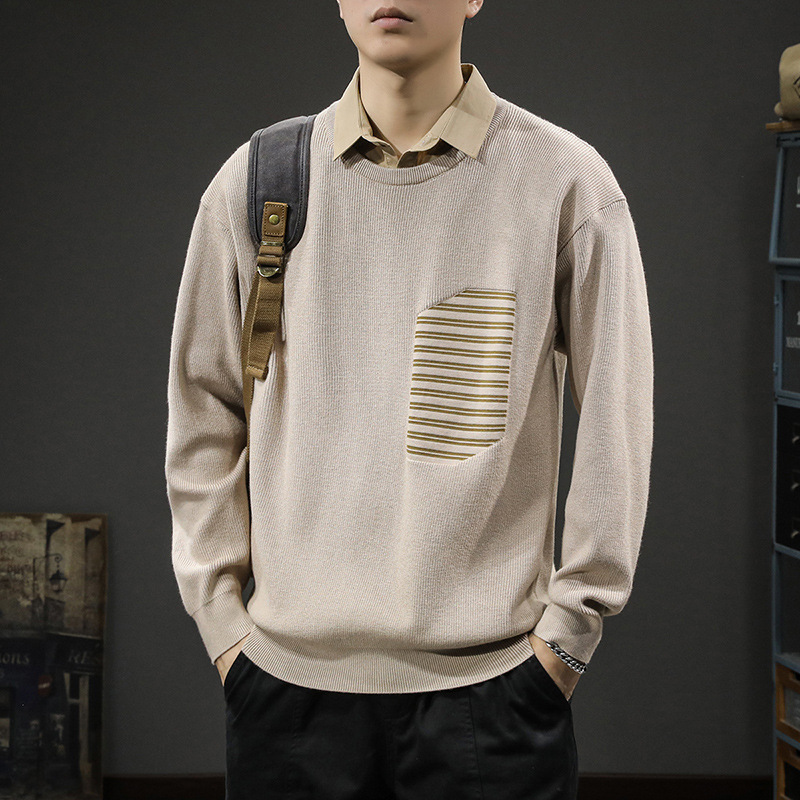 慵懒风翻领假两件男毛衣