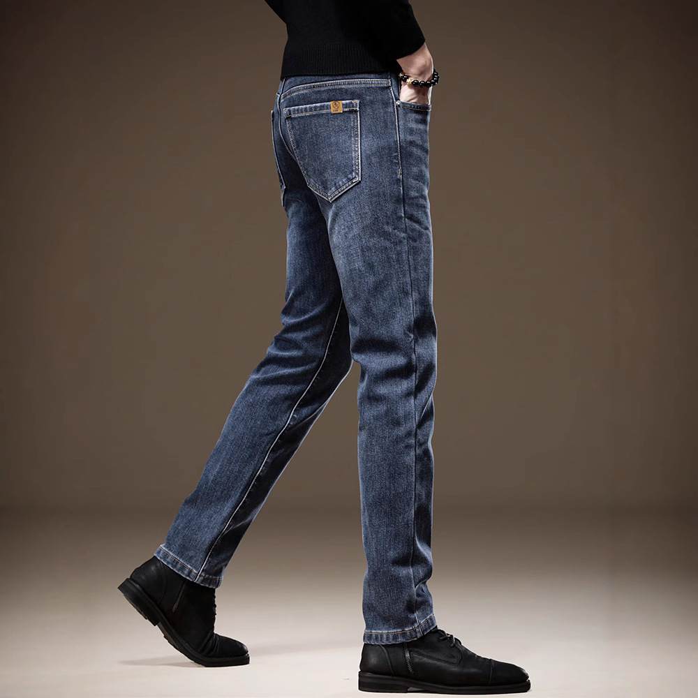 高端牛仔裤男秋冬新款加绒加厚修身小直筒弹力商务蓝色休闲长裤男