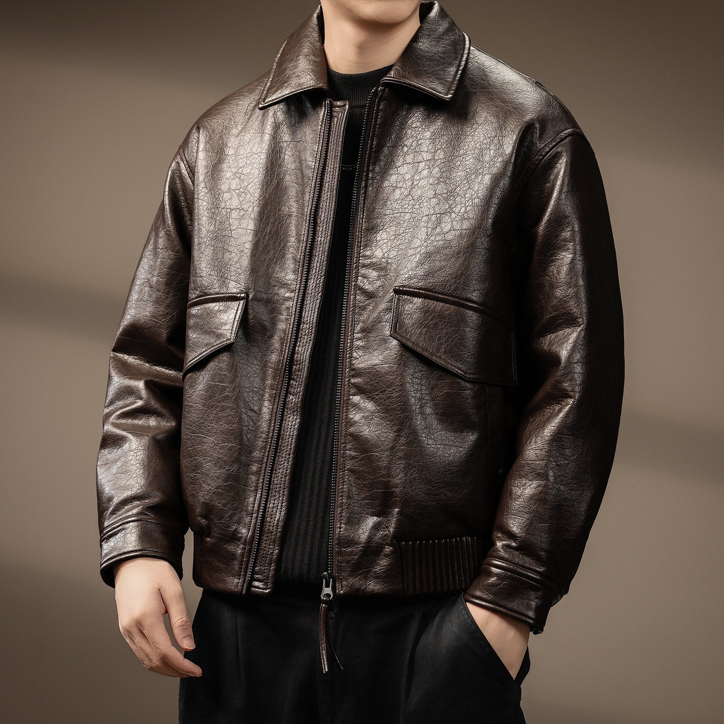 高端老钱风PU皮羽绒服男