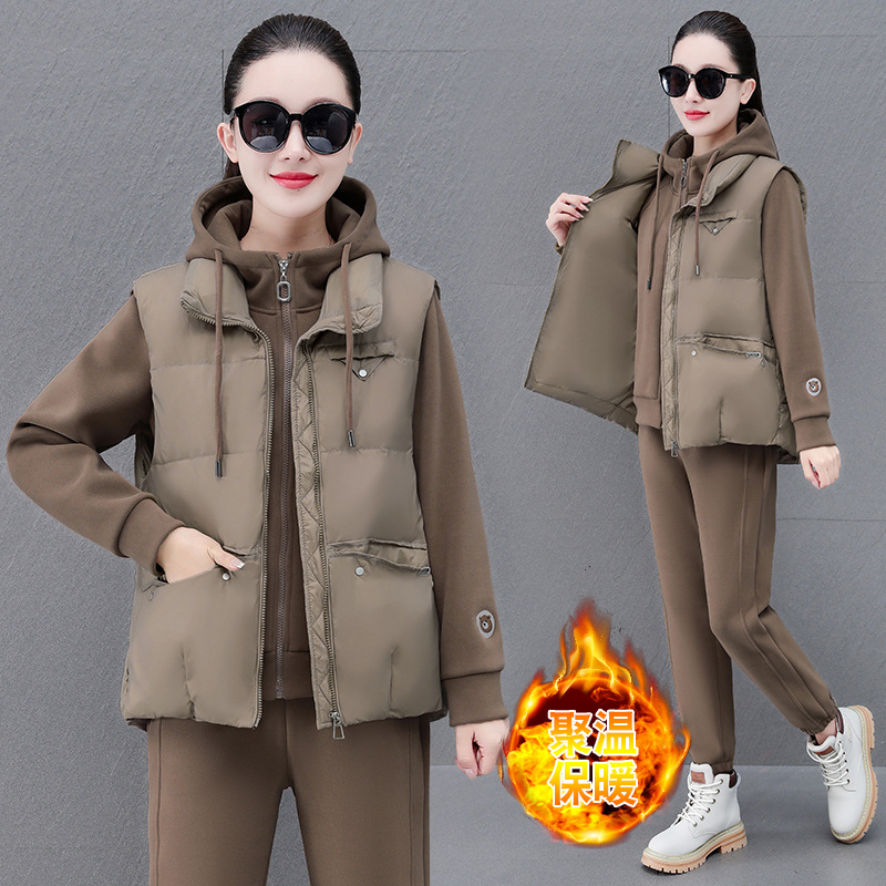 冬季运动套装女2023年新款加绒加厚休闲服宽松大码马甲卫衣三件套