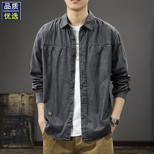 春季美式复古水洗做旧牛仔衬衫男宽松大码工装翻领长袖衬衣薄外套