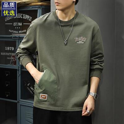 美式重磅复古休闲长袖T恤男潮牌工装圆领刺绣卫衣春季纯棉打底衫
