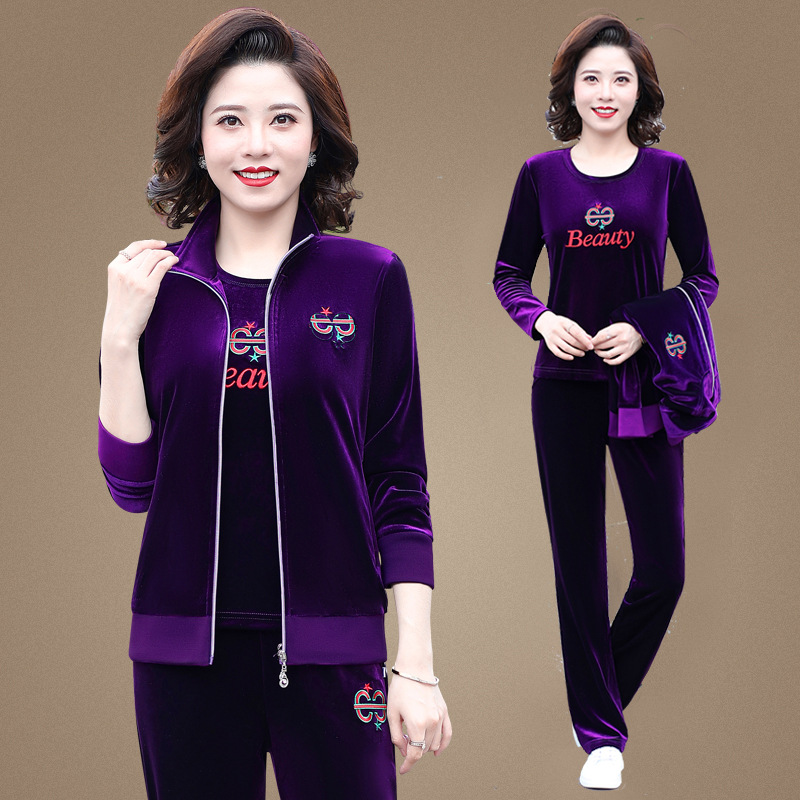 2024秋季金丝绒套装女士中老年妈妈装修身显瘦运动服装绣花婆婆装