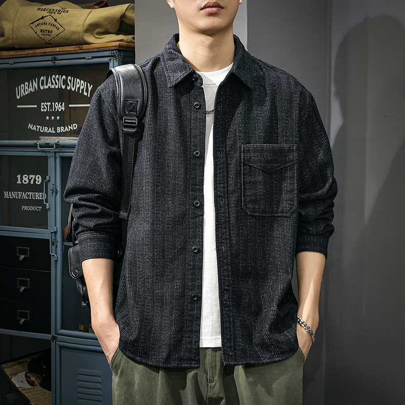 高端美式复古提花牛仔衬衫男