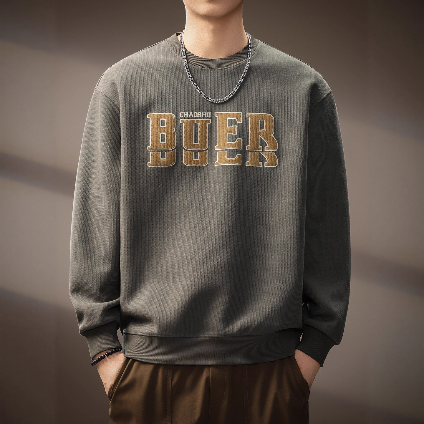 美式复古350g重磅圆领卫衣男