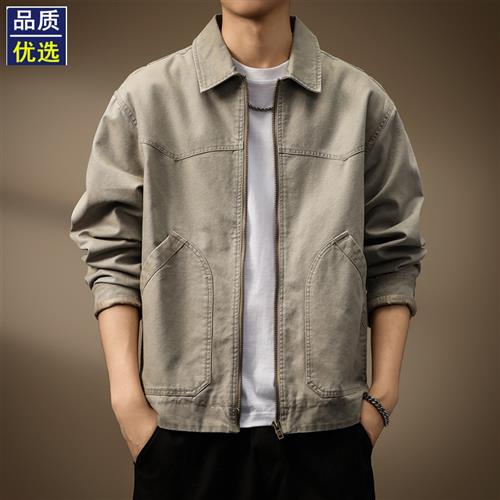 高端美式重磅帆布复古夹克男春秋新款结构拼接做旧水洗机车外套男