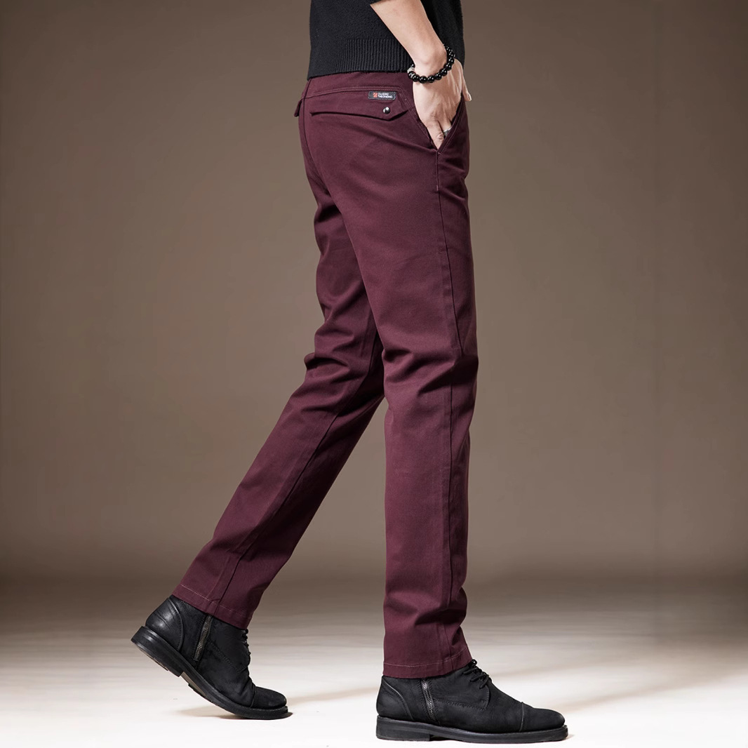 韩版酒红纯棉弹力男西裤
