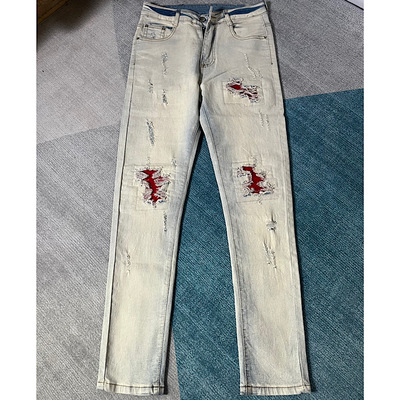 浅色破洞补丁牛仔裤男美式高街修身小脚直筒长裤子潮牌假二件贴布