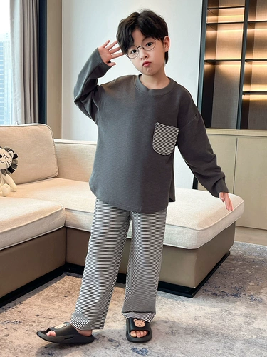 Демисезонная хлопковая пижама для мальчиков, детский бархатный лонгслив, осенняя, подходит для подростков