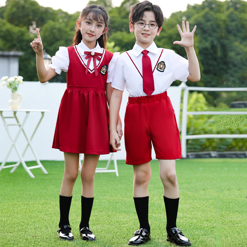 红色学院风短袖男女童合唱演出服