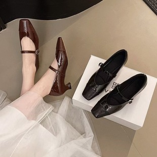 新款内外全真皮女鞋玛丽珍方头浅口平底矮低跟单鞋时尚百搭
