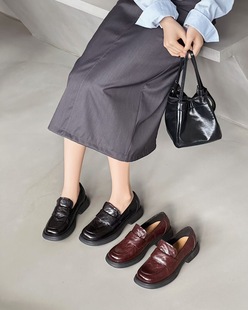 新款内外全真皮女鞋玛丽珍方头浅口平底矮低跟单鞋时尚百搭