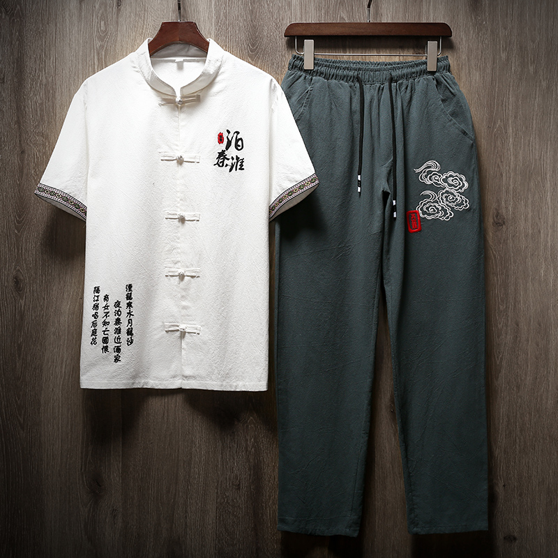 Cotton linen cardigan suit summer linen short sleeve trousers two piece suit Chinese Style Men's fashion
