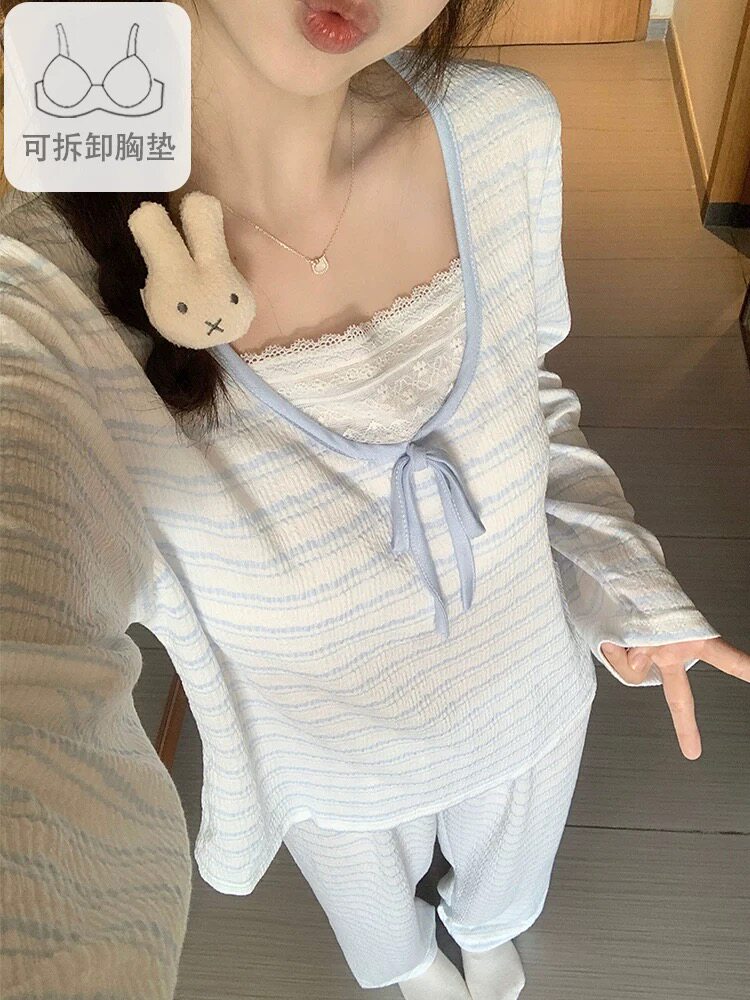 带胸垫睡衣女款春秋季公主风长袖长裤2025新款夏天甜美条纹家居服