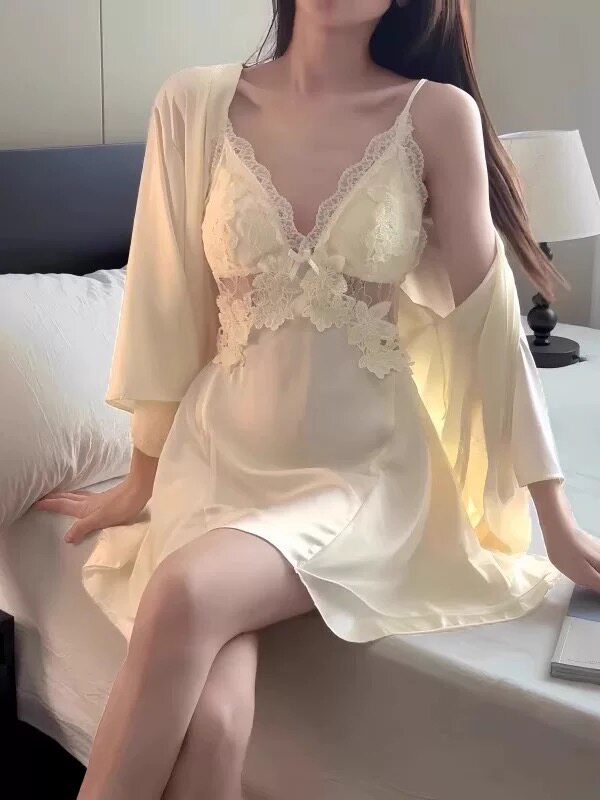 性感睡衣女款2025新款夏季纯欲冰丝带胸垫蕾丝吊带睡裙家居服套装