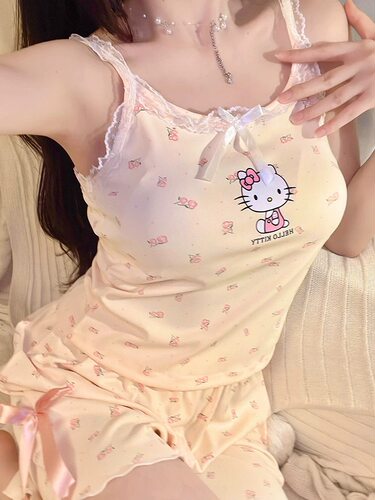 Kitty猫夏季纯棉带胸垫睡衣女