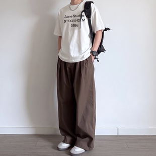 日系咖啡色打褶休闲裤男生2026套装夏季工装裤宽松百搭直筒长裤