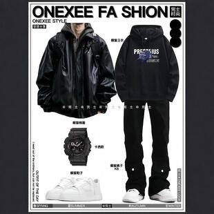 复古质感机车服皮衣男一套休闲立领飞行皮夹克派克服外套搭配套装