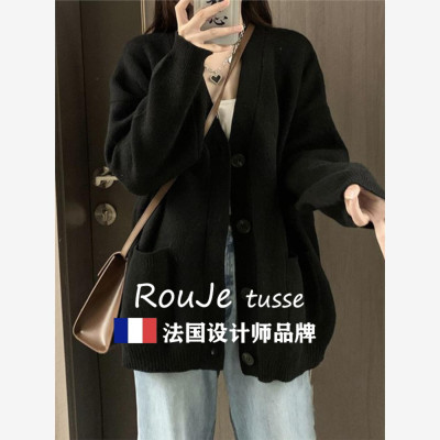 黑色中长款羊绒毛衣外套女秋冬宽松慵懒风遮屁股外穿羊毛针织开衫