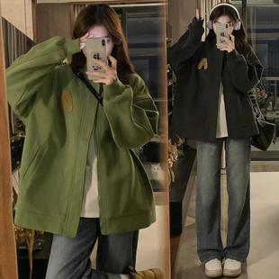 宽松大码胖mm300斤卫衣棒球服少女秋冬加绒学生美式复古刺绣外套