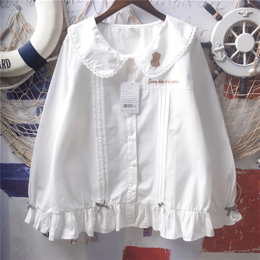 春秋大码300斤小熊字母刺绣蝴蝶结蕾丝花边娃娃领长袖衬衫衬衣女