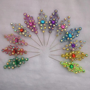 新款古装汉服戏曲花旦头饰粤剧越剧水钻小花簪七彩色发饰头花对钗