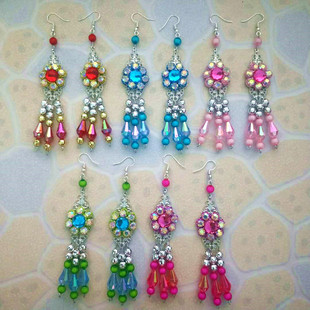 新款手工越剧花旦耳环古装汉服戏曲舞台水晶钻彩色耳坠粤剧挂耳环