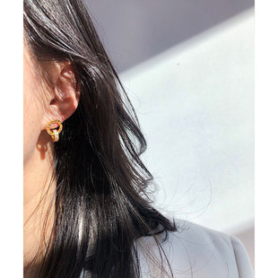 欧美大牌罗马数字纯银耳饰双环相扣圆形耳钉镶锆链条式短款耳环女