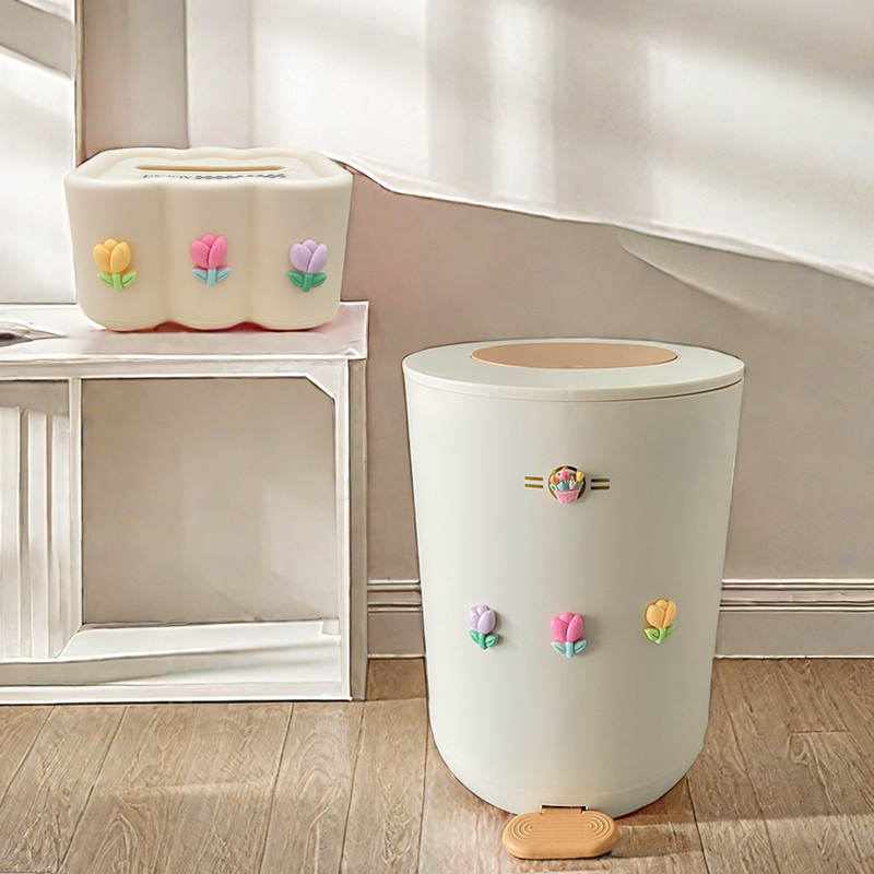 脚踩按压弹盖奶油风垃圾桶ins风