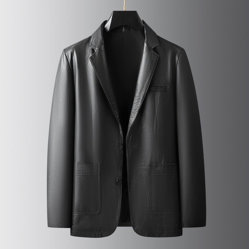 轻奢绅士通勤西服男士头层牛皮真皮皮衣修身真皮西服男皮外套单皮