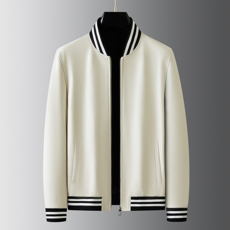 防风经典白色棒球服皮夹克男外套