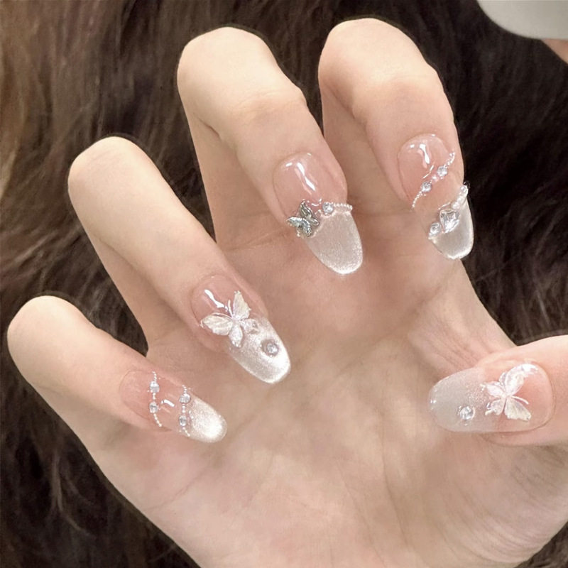 抖音爆款手工穿戴甲渐变链条法式猫眼美甲立体浮雕碎钻蝴蝶指甲贴