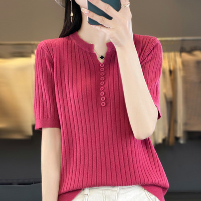 套头春夏新款女装V领毛针织衫