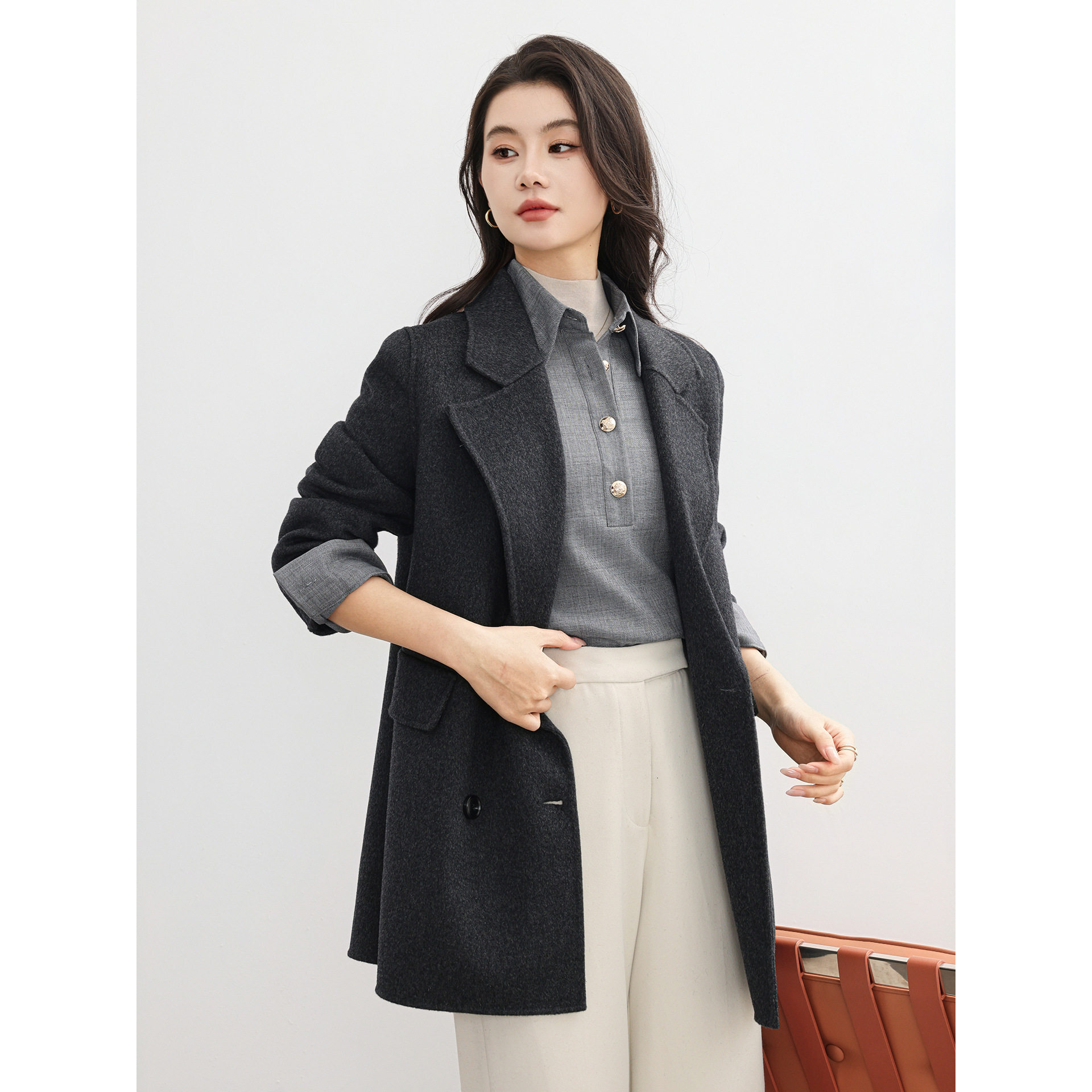 新款领双面100%羊毛大衣女式秋冬宽松中长款毛呢外套西装2025纯色
