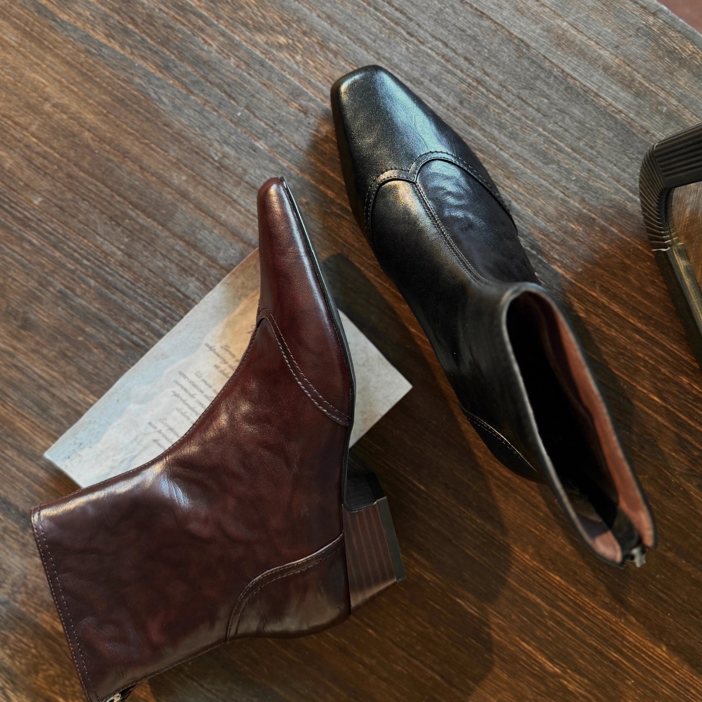 小方头真皮粗跟显瘦后拉链短靴女