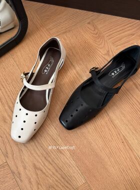 L106真皮镂空凉鞋女2025夏新款一字带小坡跟方头鞋时尚洞洞鞋法式