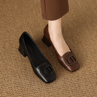 单鞋 1638B 浅口中跟方头中年妈妈鞋 女鞋 真皮粗跟大码 2025新款