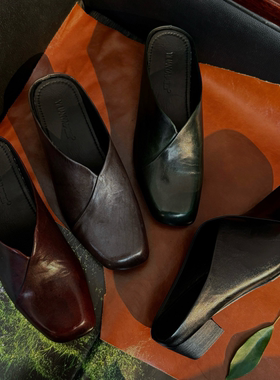 963-29水洗马皮粗跟包头半拖女大码极简百搭凉拖鞋外穿夏季新款