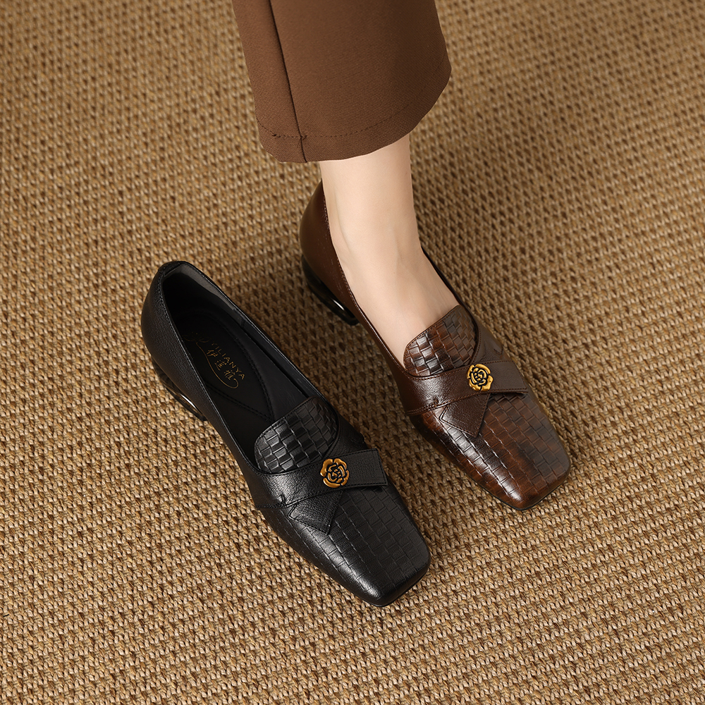 秋季新款真皮女单鞋低跟中口休闲一脚蹬方头妈妈通勤小皮鞋1815-2