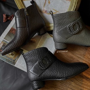 女鞋 H158 靴大码 保暖加绒小方头时装 285低跟灰色短靴女冬季 新款