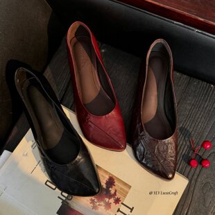 JH043酒红色低跟浅口单鞋 春 女羊皮减龄玛丽珍复古百搭软底奶奶鞋