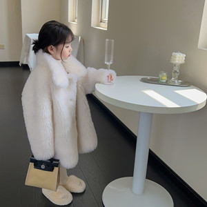 2022冬季新品韩范女宝宝童装进口芭莎羊毛外套大立领中长款潮皮草