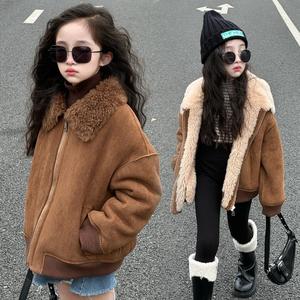 冬季新款复合皮毛一体羊羔毛机车服儿童夹克宝宝男女童装皮草外套